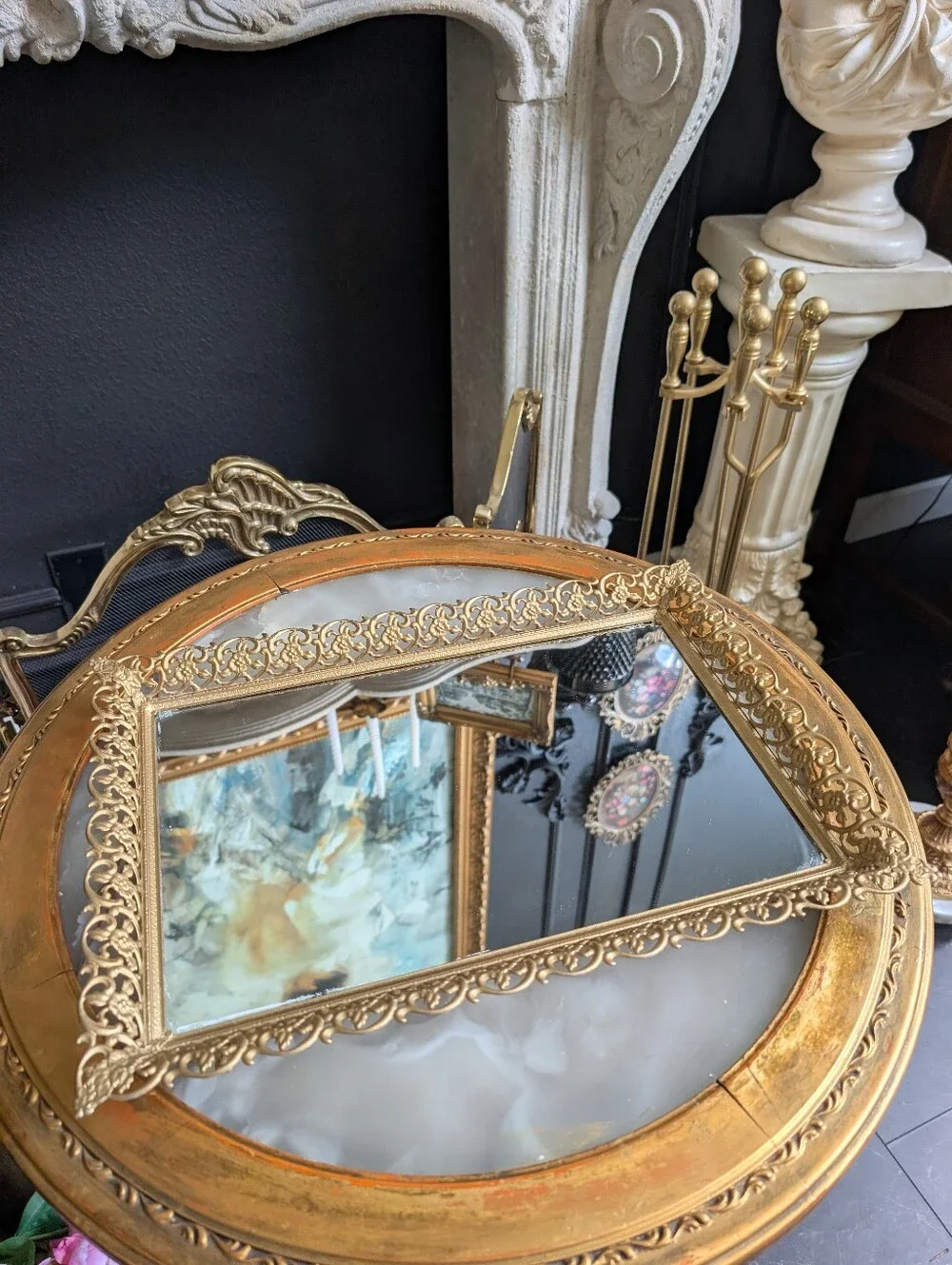 Vintage Gold Ornate Filigree Footed Vanity  Mirror Display Tray 16